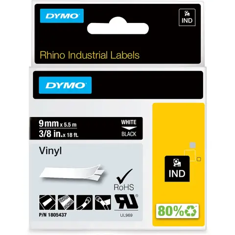 Dymo RHINO taĹ›ma winylowa 9mm biaĹ‚a na czarnym